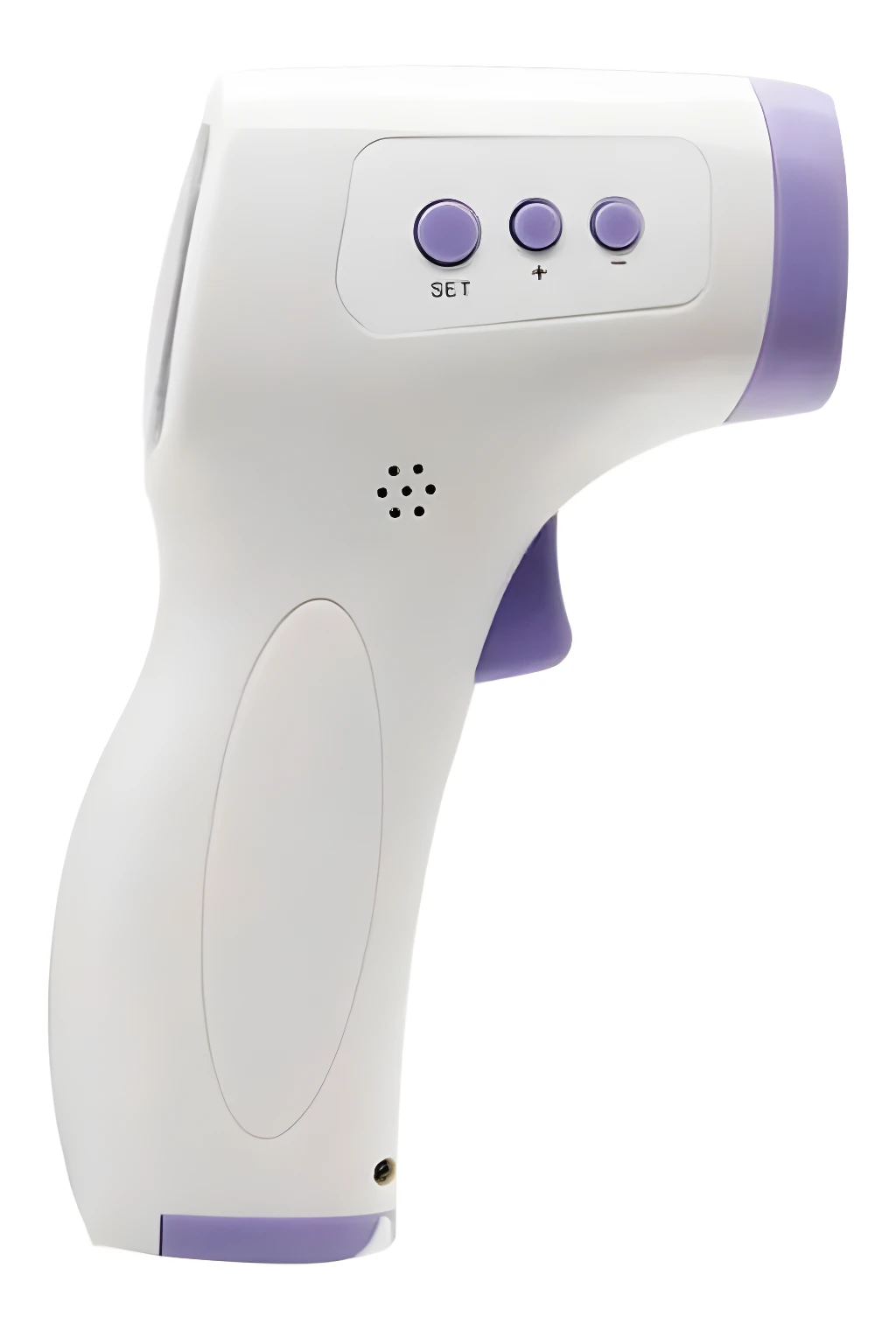 Termómetro infrarrojo digital blanco y morado, con botones y sensor de precisión.