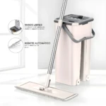 Trapero mopa plano con balde de auto-secado, manos libres y protector anti-salpicaduras.