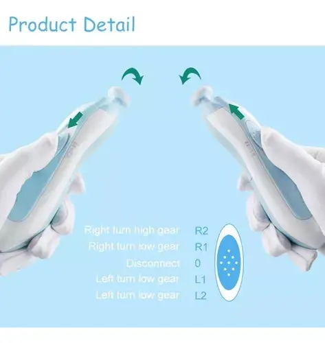 Pulidor eléctrico de uñas para bebés: muestra las configuraciones de marcha y giro R2, R1, 0, L1, L2.