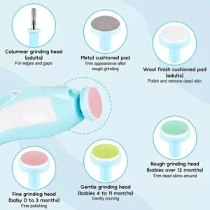 Pulidor eléctrico de uñas para bebés con cabezales intercambiables para diferentes edades.
