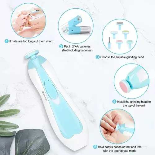 Pulidor eléctrico para uñas de bebés, incluye accesorios y pilas AA.