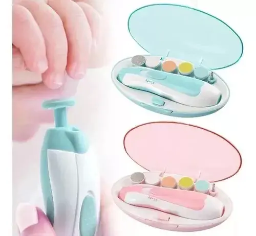 Pulidor eléctrico de uñas para bebés en estuche con accesorios, color azul y rosa.
