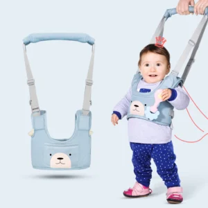 Arnés de aprendizaje para bebé, azul, con diseño de oso y correas ajustables.
