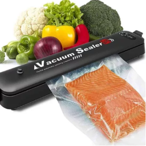 Selladora al vacío compacta con salmón y verduras frescas, 100 bolsas incluidas.