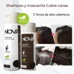 Nova Shampoo y Mascarilla Cubre Canas, 3 Tonos Alta Cobertura Castaño Oscuro