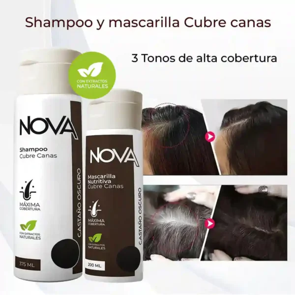 Nova Shampoo y Mascarilla Cubre Canas, 3 Tonos Alta Cobertura Castaño Oscuro