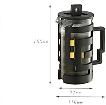Combo Molino Café y Prensa Francesa: Prensa francesa de vidrio con marco negro, 160mm de alto, 77mm y 115mm de ancho.