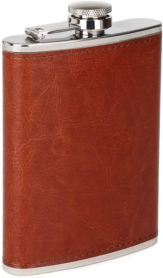 Licorera Whiskera de cuero marrón de 8 oz con tapa de rosca y bisagra de metal.