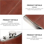 Licorera de 8oz forrada en cuero marrón con detalles de costura y tapa metálica de rosca.