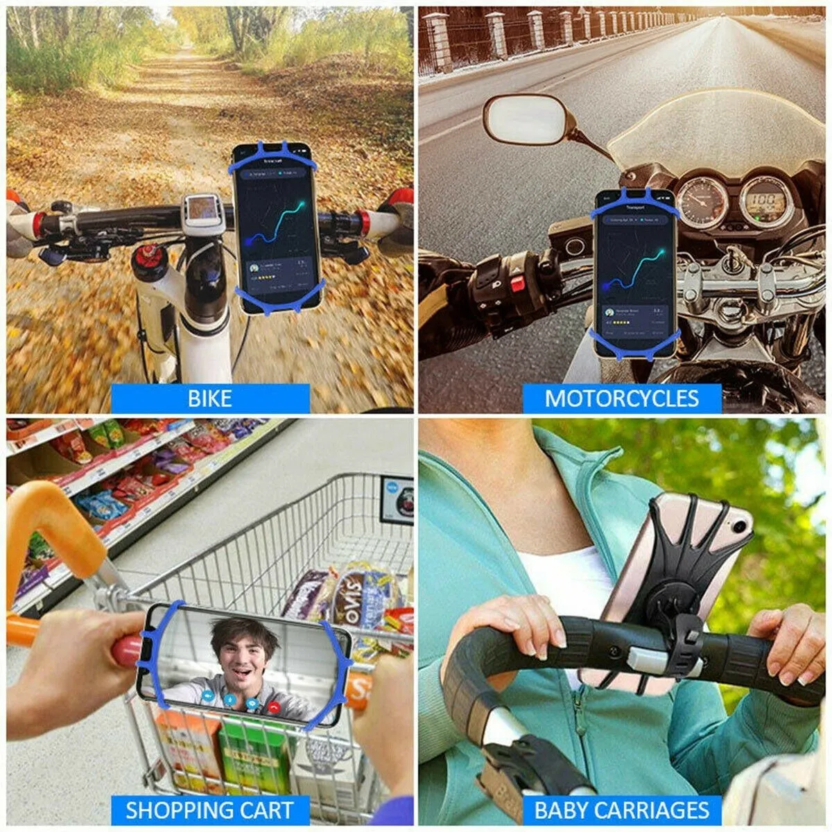 Soporte universal para celular en bicicleta, moto, cochecito y carrito de compras.