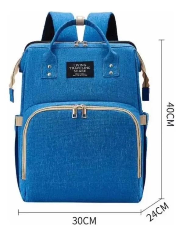 Bolso pañalera azul con cuna cambiador, 40x30x24 cm. Ideal para bebés.