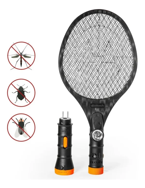 Raqueta eléctrica mata mosquitos Divitech con linterna, ideal para interiores y exteriores.