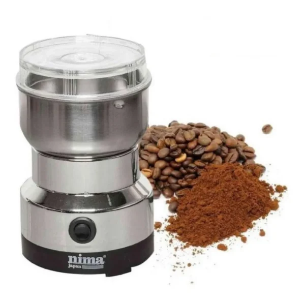 Molino de café eléctrico Nima Japan con granos y café molido, ideal para prensa francesa.