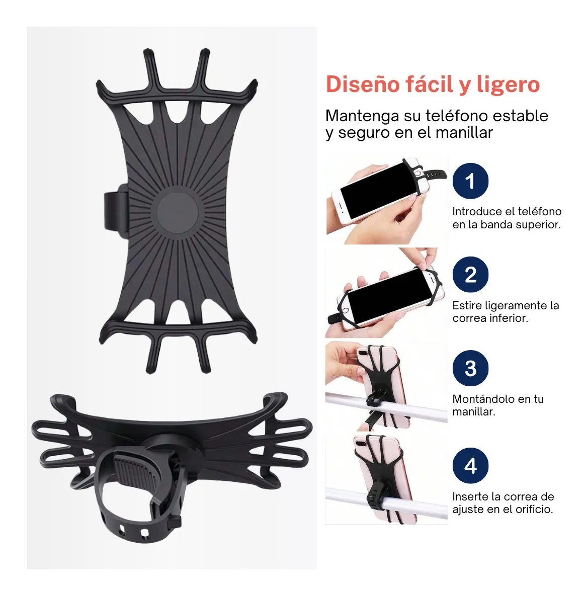 Soporte para celular de bicicleta: fácil, ligero y seguro. Montaje rápido en manillar.