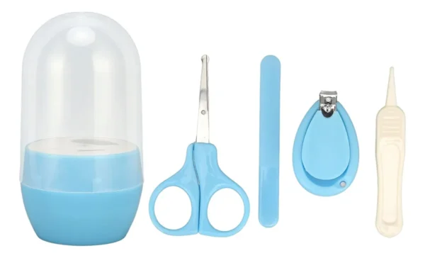 Set de manicura para bebés de 4 piezas: tijeras, cortaúñas, lima y pinzas con estuche azul.