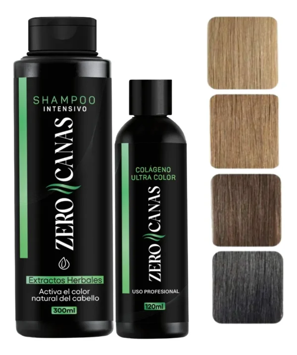 Shampoo Zero Canas Intensivo y Tratamiento Colágeno Ultra Color para cabello, ideal para revitalizar el color natural.