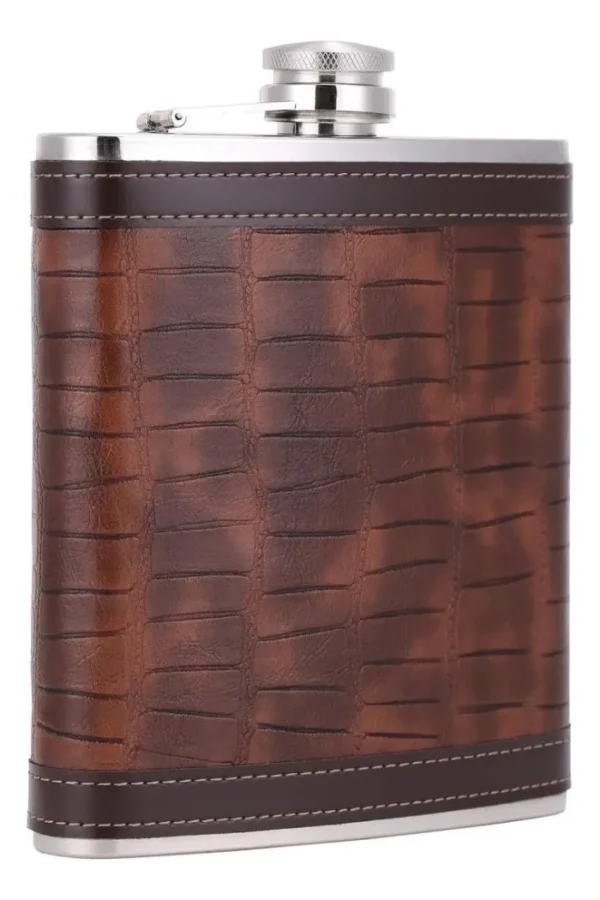 Wiskera de acero inoxidable con forro de cuero marrón texturizado, 8 oz.