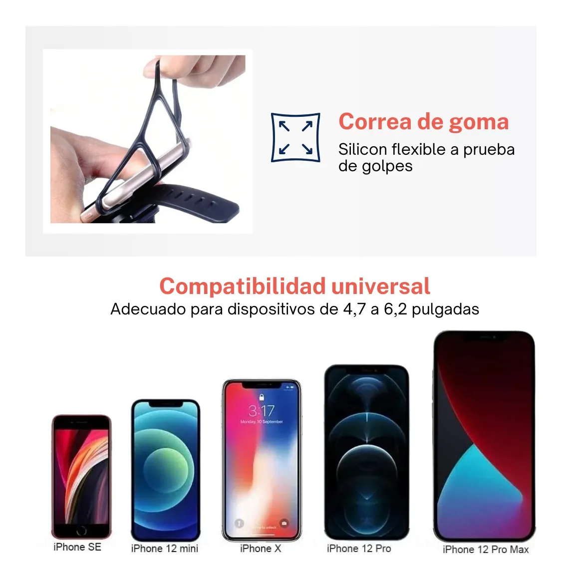 Soporte universal de goma para celular en bicicleta, compatible con iPhone SE a Pro Max.