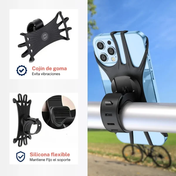 Soporte universal para celular de bicicleta con cojín de goma flexible y seguro.