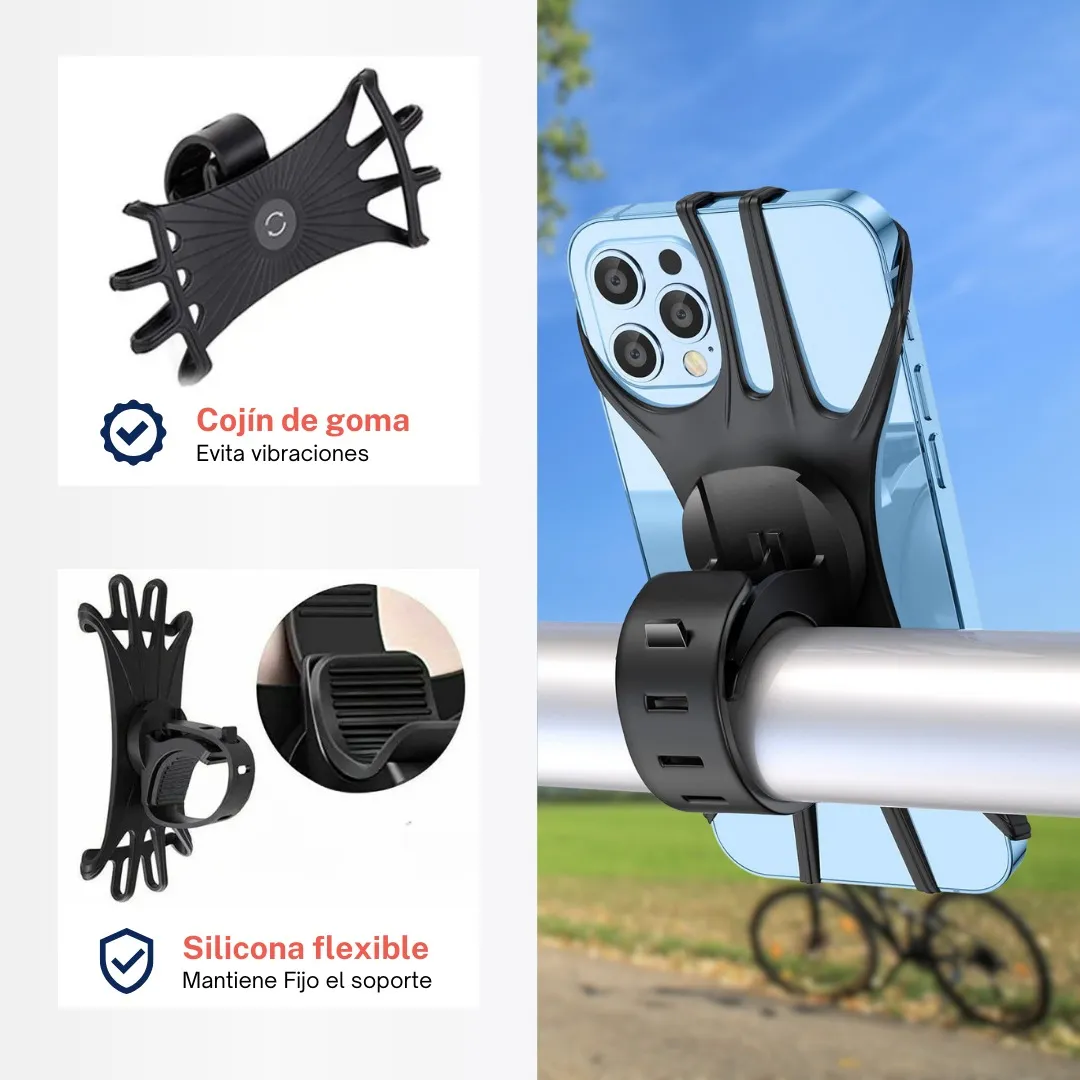Soporte universal para celular de bicicleta con cojín de goma flexible y seguro.