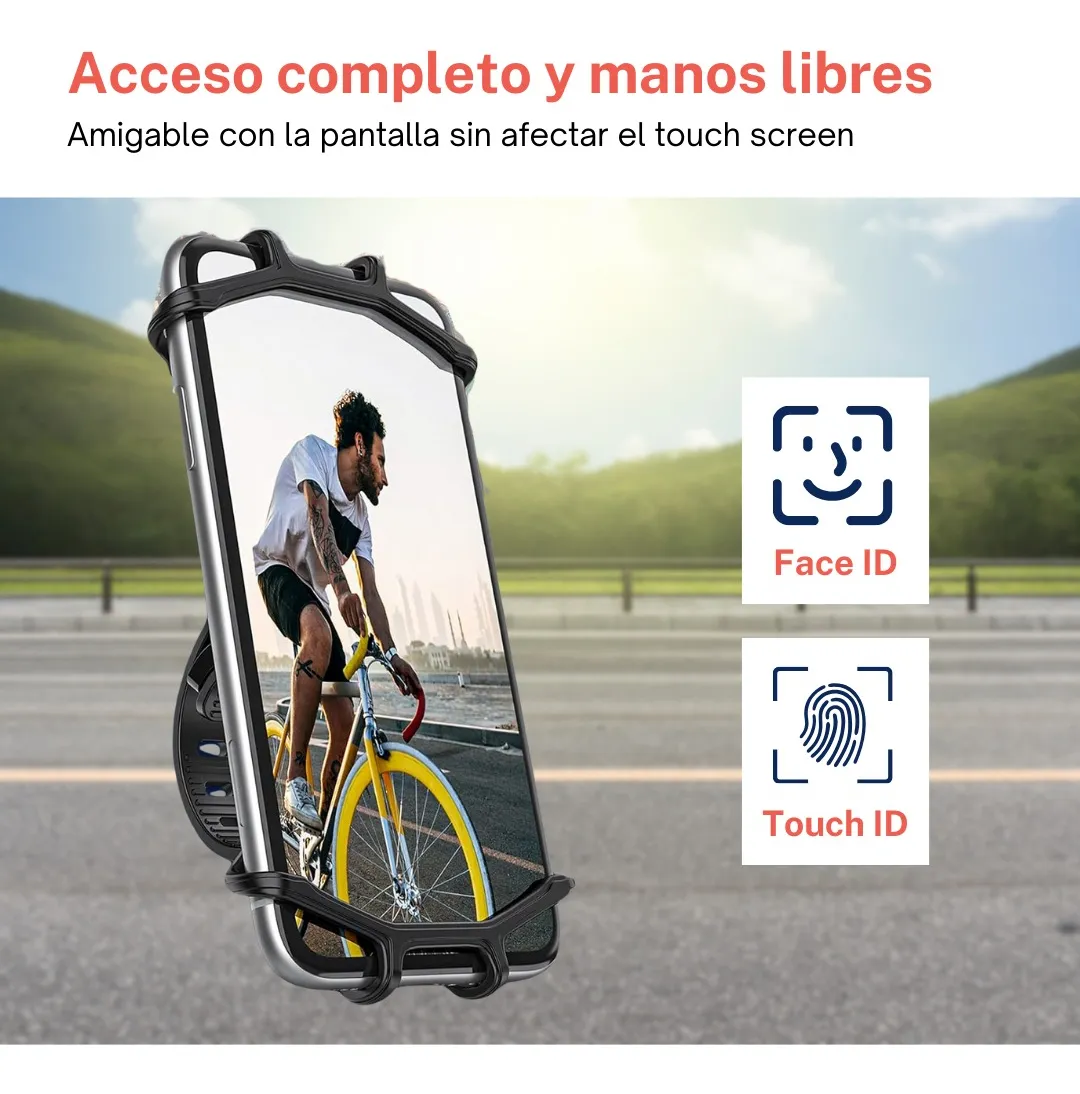 Soporte universal para celular en bicicleta con Face ID y Touch ID, manos libres.