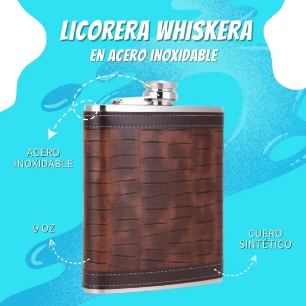 Licorera Wiskera 8 Oz acero inoxidable y cuero sintético texturizado.