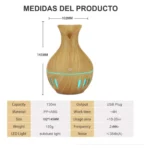 Humidificador difusor de aroma con diseño de madera, 130ml, luz LED, USB, 102x145mm.