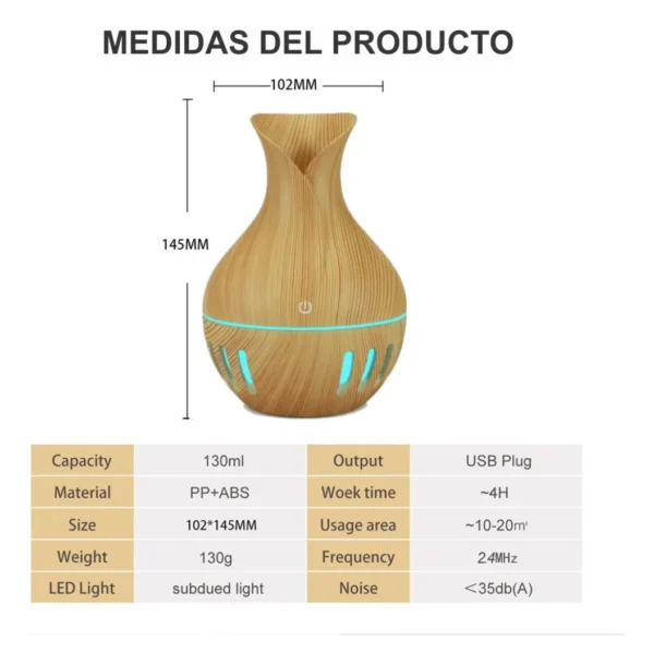 Humidificador difusor de aroma con diseño de madera, 130ml, luz LED, USB, 102x145mm.