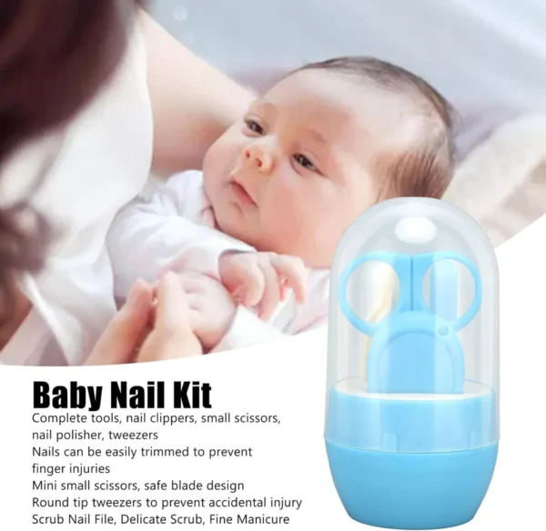 Set de manicure para bebés con tijeras, cortaúñas y más en estuche azul, ideal para el cuidado del recién nacido.