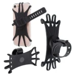 Soporte universal para celular de bicicleta, negro, adaptable, con banda de sujeción.