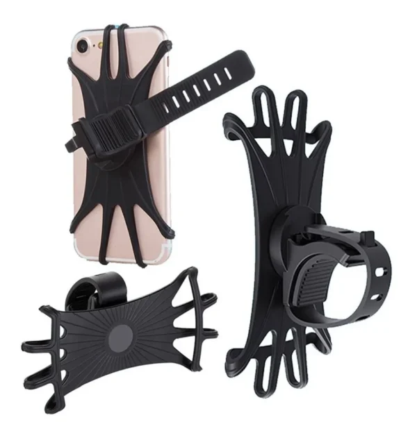 Soporte universal para celular de bicicleta, negro, adaptable, con banda de sujeción.