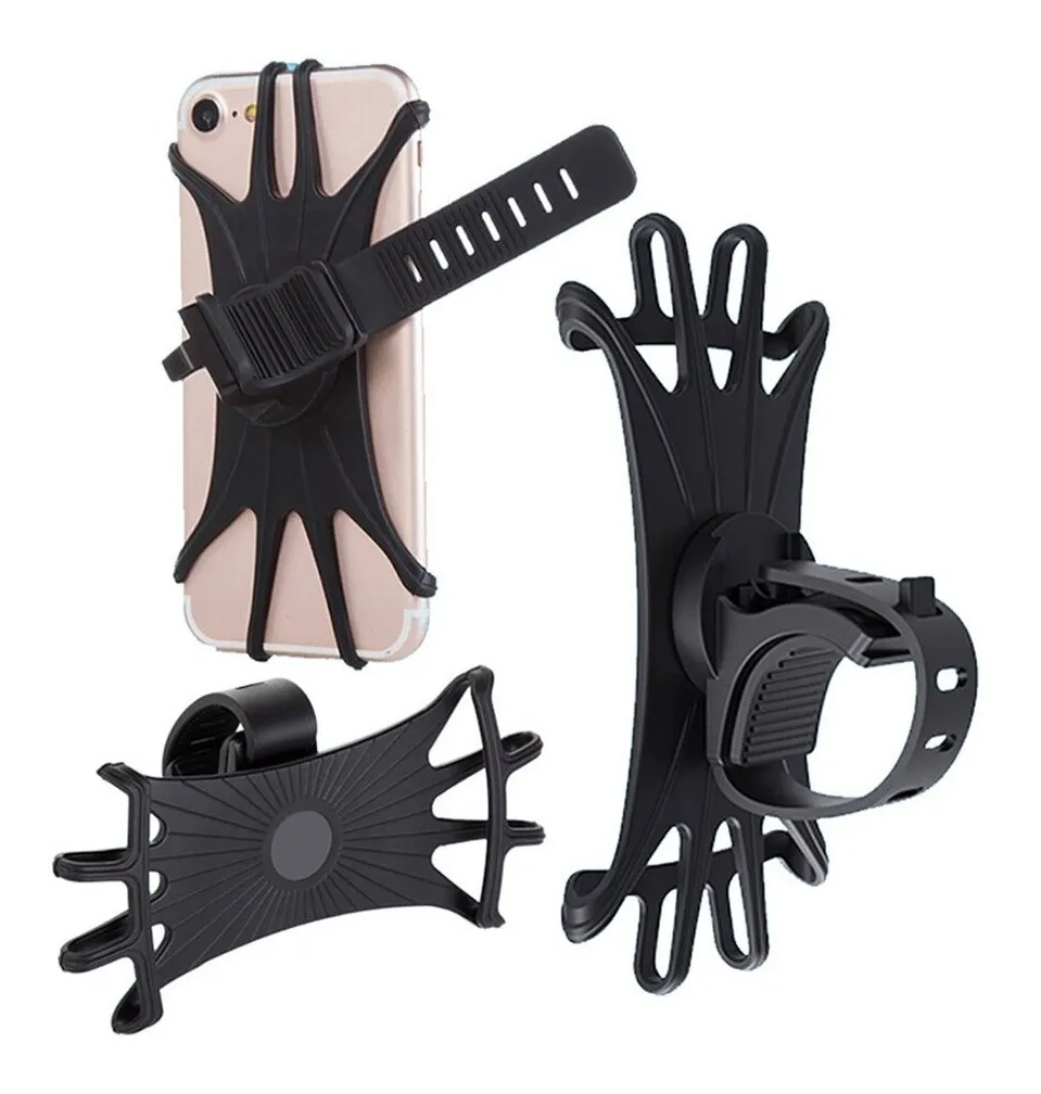 Soporte universal para celular de bicicleta, negro, adaptable, con banda de sujeción.