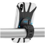 Soporte universal para celular de bicicleta con rotación de 360° en manillar plateado.
