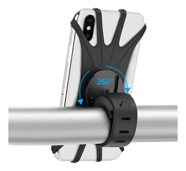 Soporte universal para celular de bicicleta con rotación de 360° en manillar plateado.