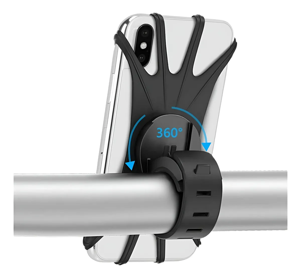 Soporte universal para celular de bicicleta con rotación de 360° en manillar plateado.