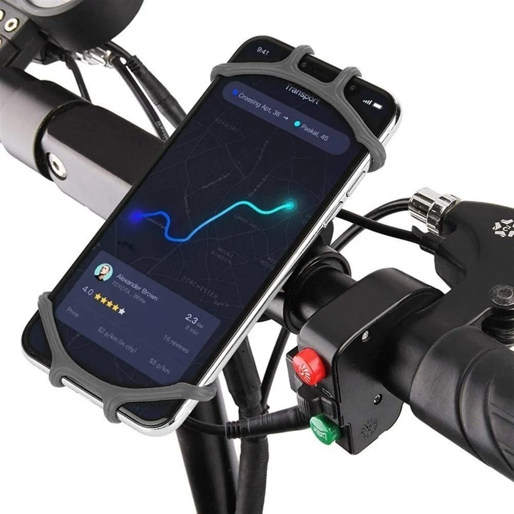 Soporte universal de silicona para celular en manillar de bicicleta o patineta.
