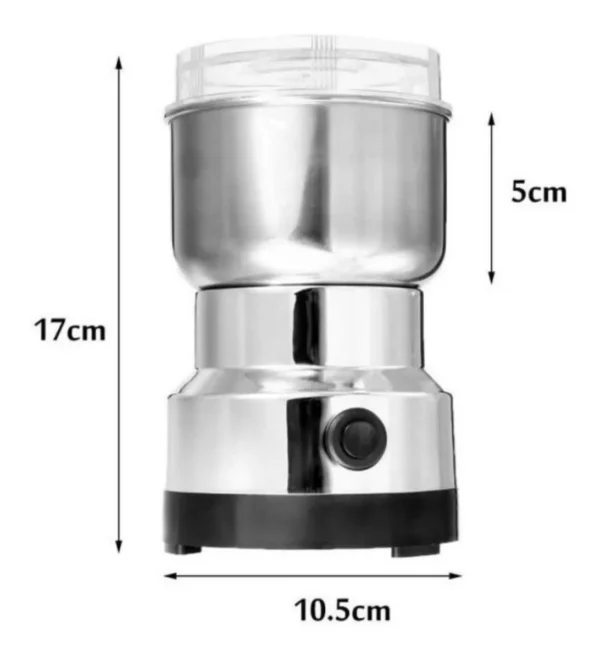 Molino para café plateado y prensa francesa, 17cm alto, 10.5cm ancho.
