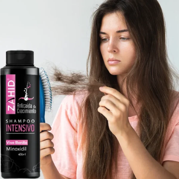 Shampoo Zahid Minoxidil 2% anti caída y crecimiento para mujer con cabello dañado.