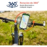 Soporte universal para celular en bicicleta con rotación de 360 grados, ideal para navegación.