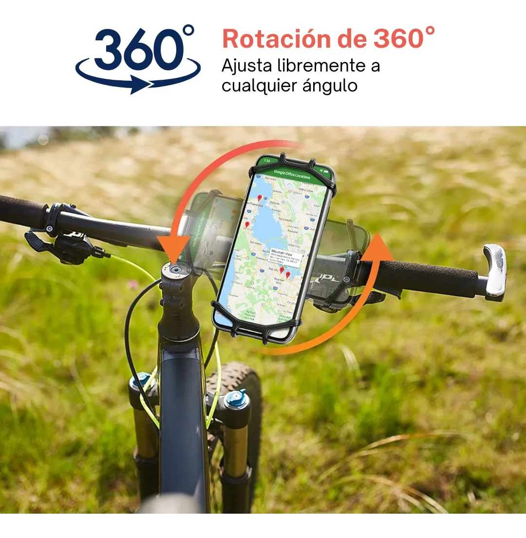 Soporte universal para celular en bicicleta con rotación de 360 grados, ideal para navegación.