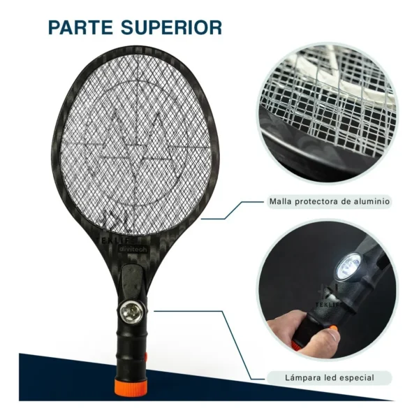 Raqueta mata mosquitos eléctrica con malla protectora de aluminio y lámpara LED especial.