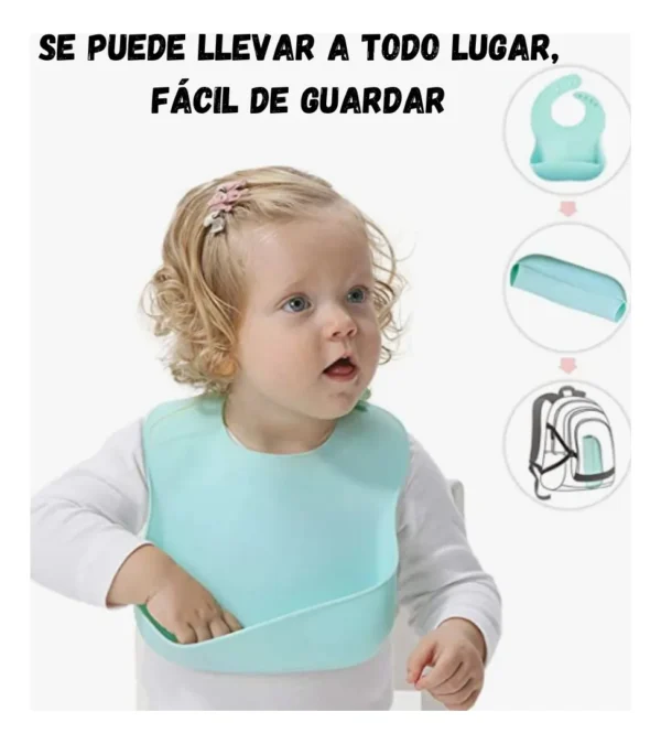 Set x2 Babero Silicona Impermeable con portabiberón y diseño fácil de guardar.