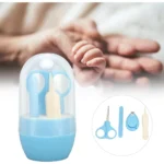 Set de manicura para bebés de 4 piezas en estuche azul, ideal para el cuidado de uñas y nariz.