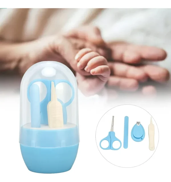Set de manicura para bebés de 4 piezas en estuche azul, ideal para el cuidado de uñas y nariz.