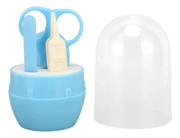 Set de manicura para bebés de 4 piezas con tijeras, cortaúñas, pinzas y lima en estuche azul y transparente.