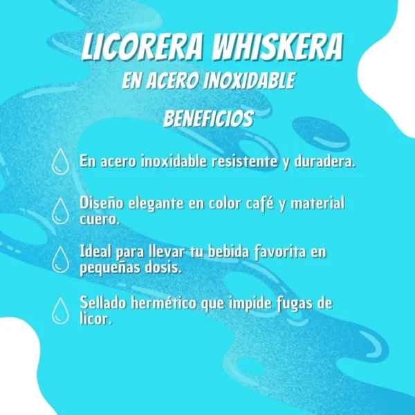 Wiskera de acero inoxidable forrada en cuero café de 8 oz, resistente y duradera.
