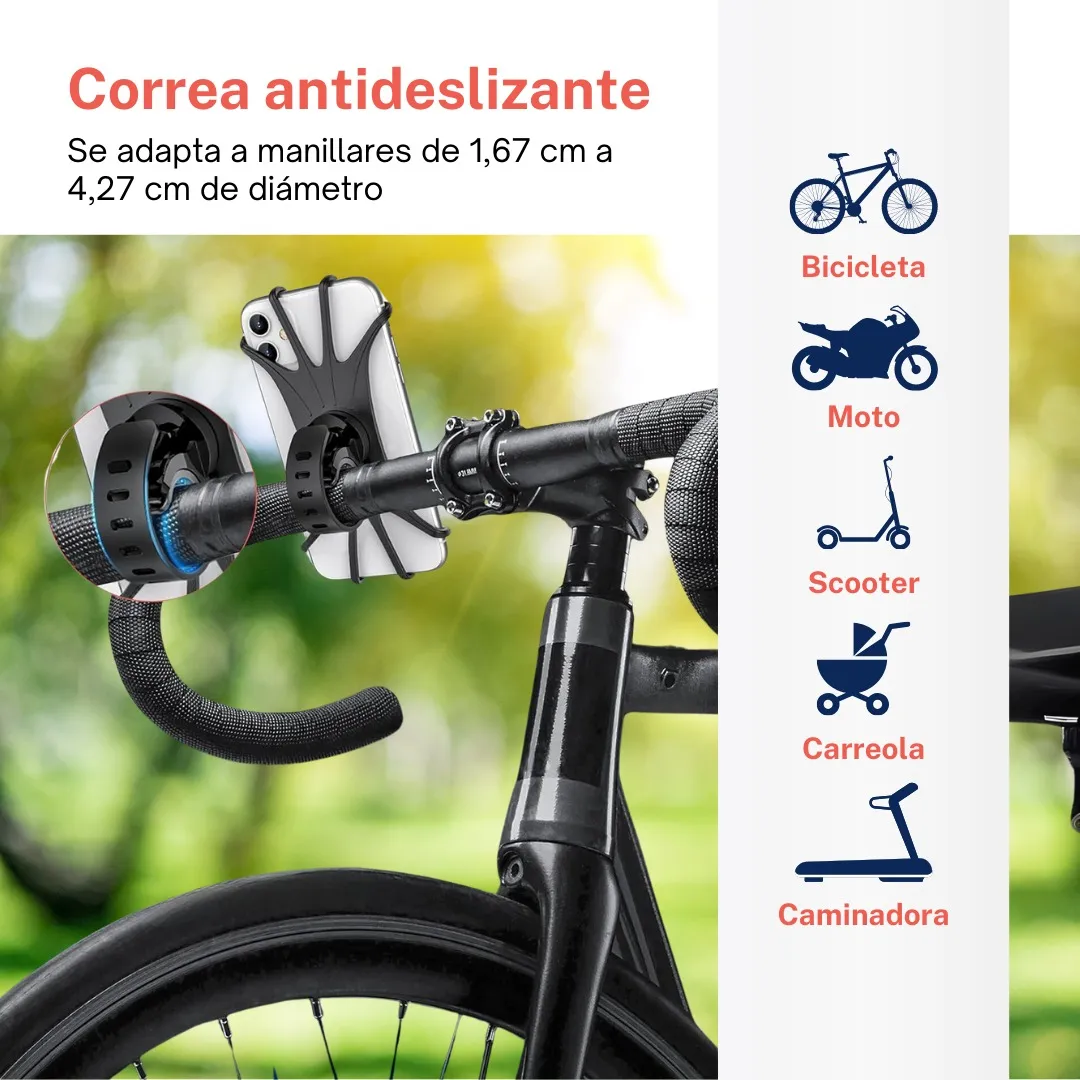 Soporte universal para celular en bicicleta. Se adapta a manillares de 1.67 a 4.27 cm de diámetro.