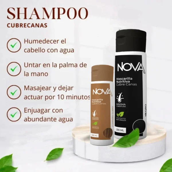 Nova Shampoo Cubre Canas: Cabello humedecido, aplicado en palma, masaje 10 min y enjuague.