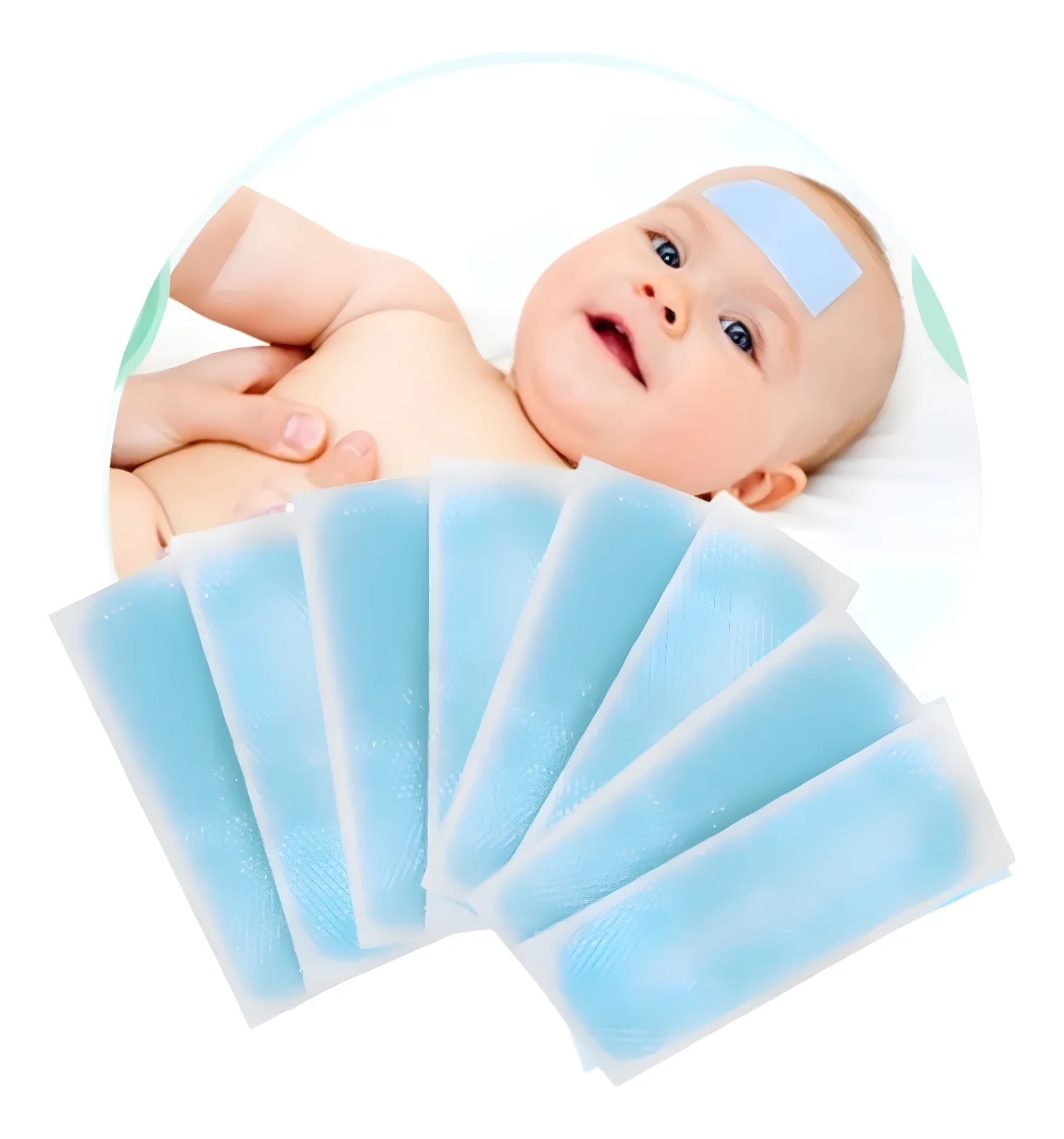 Banda antifebril para bebé con parche azul en la frente y varias tiras de enfriamiento.
