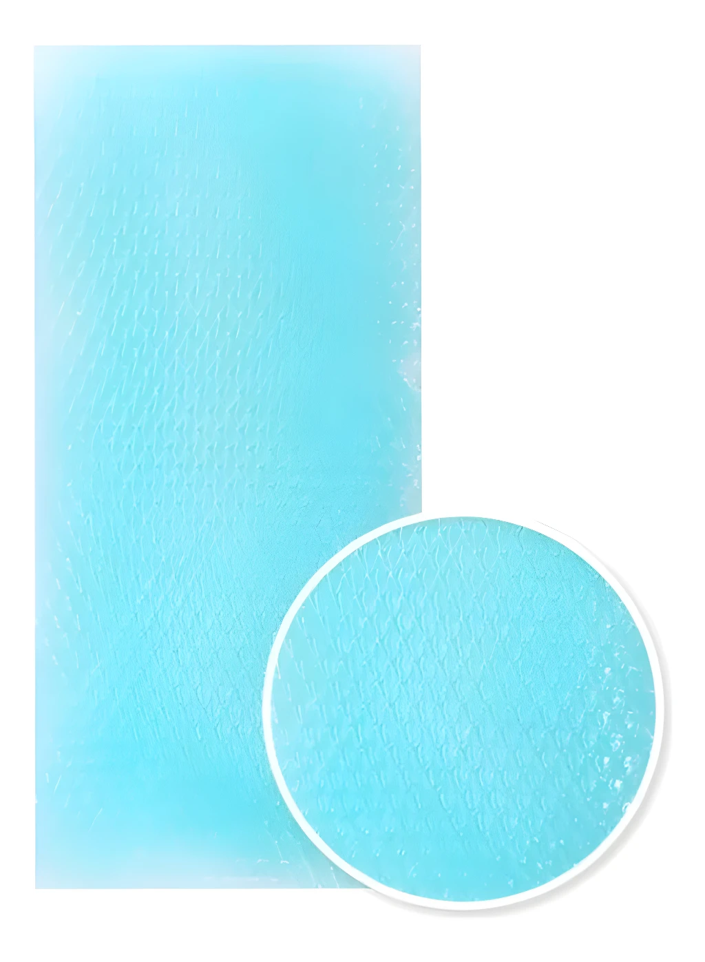 Banda antifiebre azul con textura de burbujas y detalle ampliado.